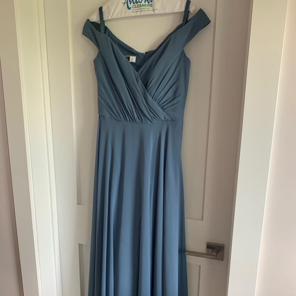 Steel-Blue Off-Shoulder Floor-Length Chiffon Dress